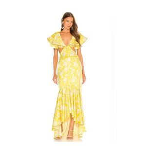 EUC Michael Costello x Revolve Rae Maxi Dress Yellow Floral Ruffle Hem sz: XS